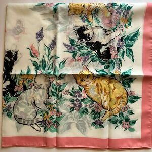 Avon Enchanted Garden Scarf Vintage 1992 Kittens Floral Made in Italy Pnk Square